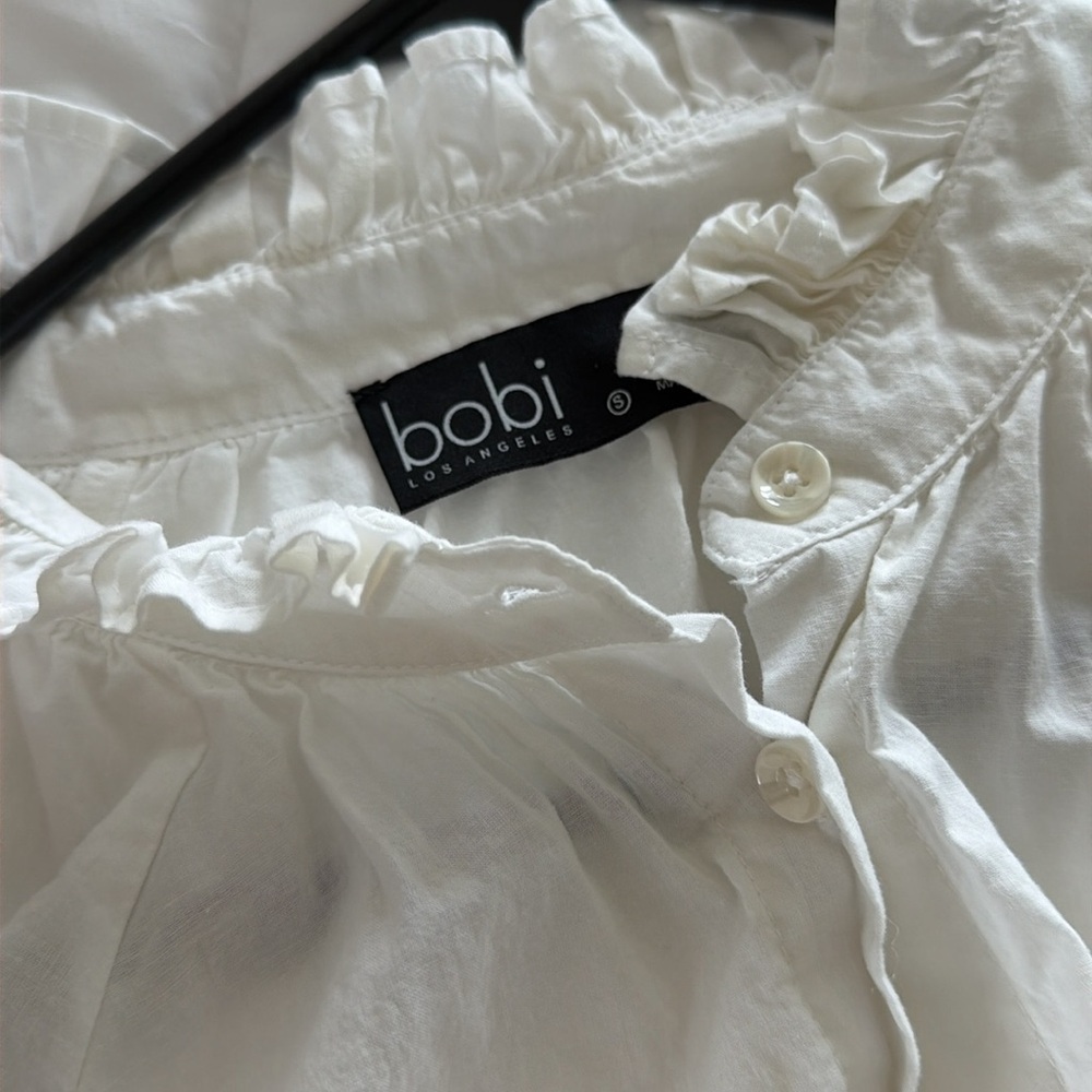 bobi Los Angeles White Ruffle Neck Button Down Blouse S
